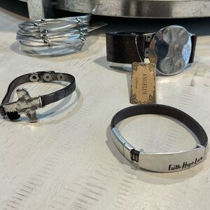 4-Bracelets Hammered/Metallic Silver Tone Snap/Magnetic -Faith Love -Hope -Cross